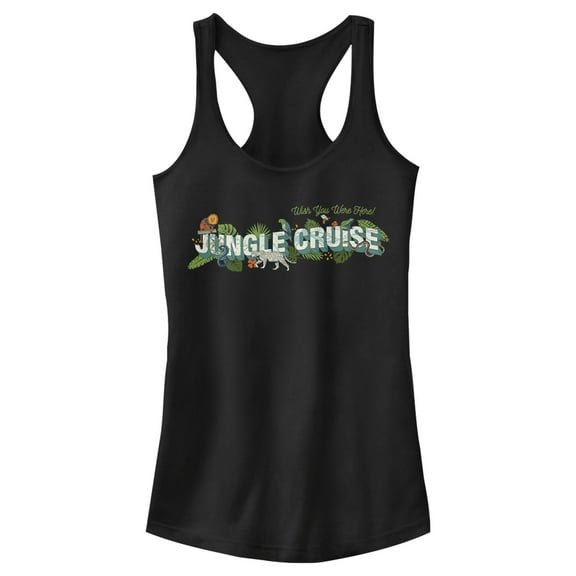 Junior's Jungle Cruise Wish You Were Here Postcard Logo Racerback Tank Top Black X Small