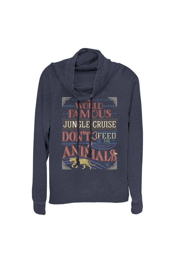 Junior's Jungle Cruise World Famous Retro Logo  Cowl Neck Sweatshirt Navy Blue Small