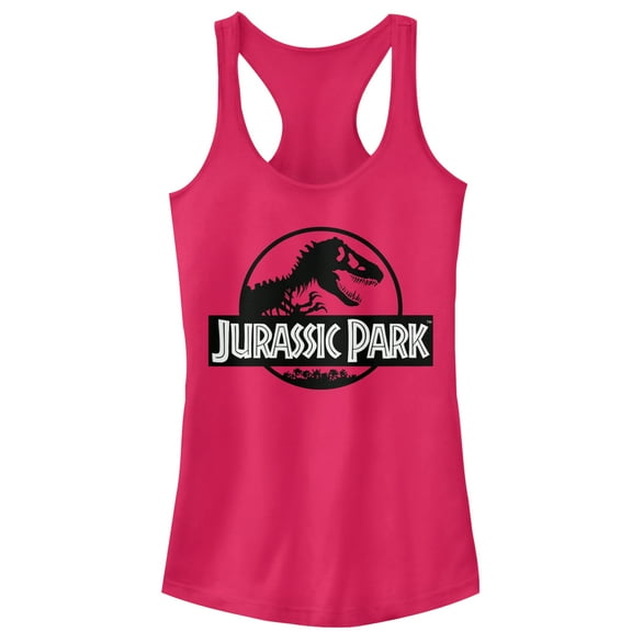 Junior's Jurassic Park Black and White Logo  Racerback Tank Top Dark Pink Large