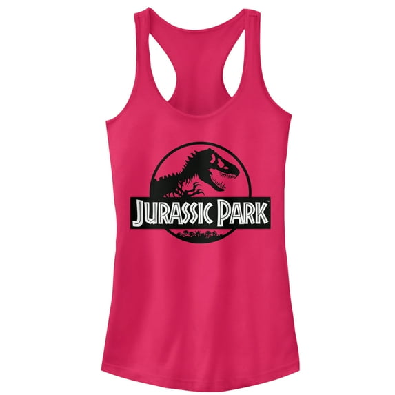 Junior's Jurassic Park Black and White Logo Racerback Tank Top Dark Pink X Large