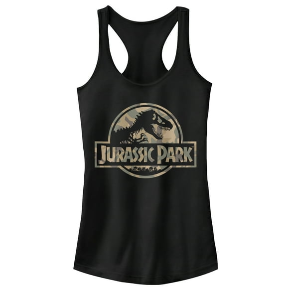 Junior's Jurassic Park Camo Logo  Racerback Tank Top Black X Large