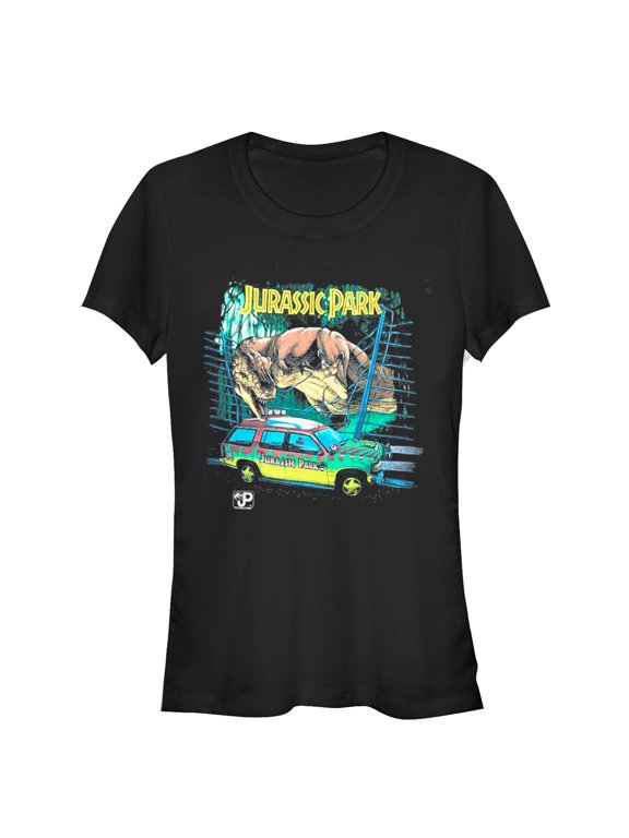 Junior's Jurassic Park Car Chase Scene Graphic Tee Black Small