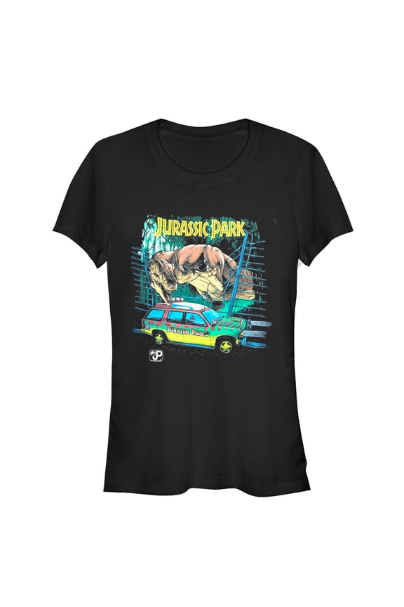 Junior's Jurassic Park Car Chase Scene Graphic Tee Black Small