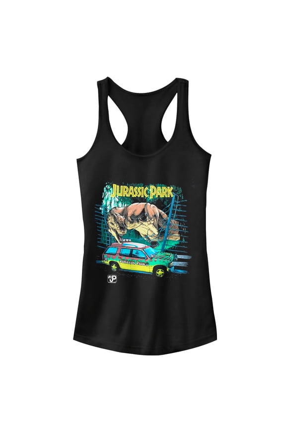 Junior's Jurassic Park Car Chase Scene Racerback Tank Top Black 2X Large