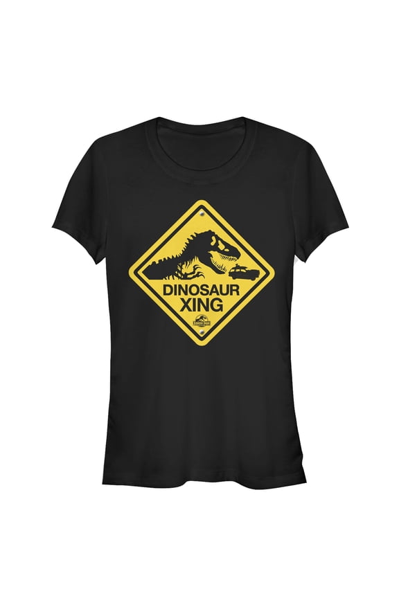 Junior's Jurassic Park Dinosaur Crossing Sign  Graphic Tee Black Medium