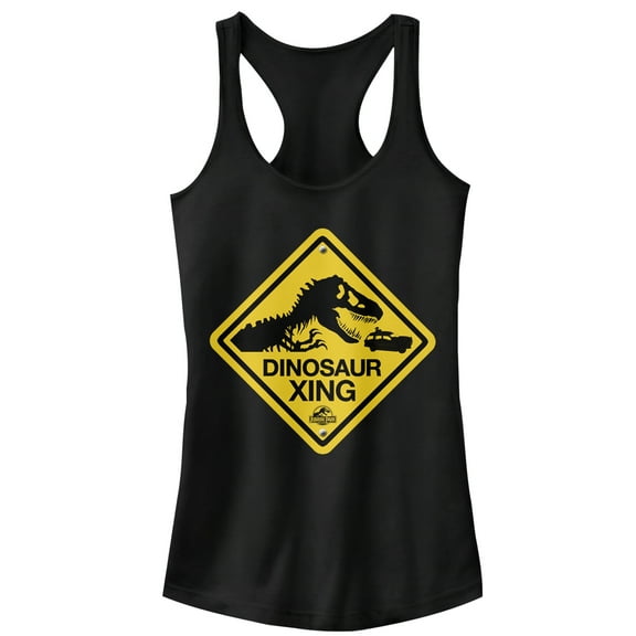 Junior's Jurassic Park Dinosaur Crossing Sign  Racerback Tank Top Black Medium