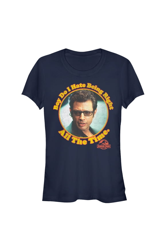 Junior's Jurassic Park Dr. Malcolm Right all the Time Graphic Tee Navy Blue Small