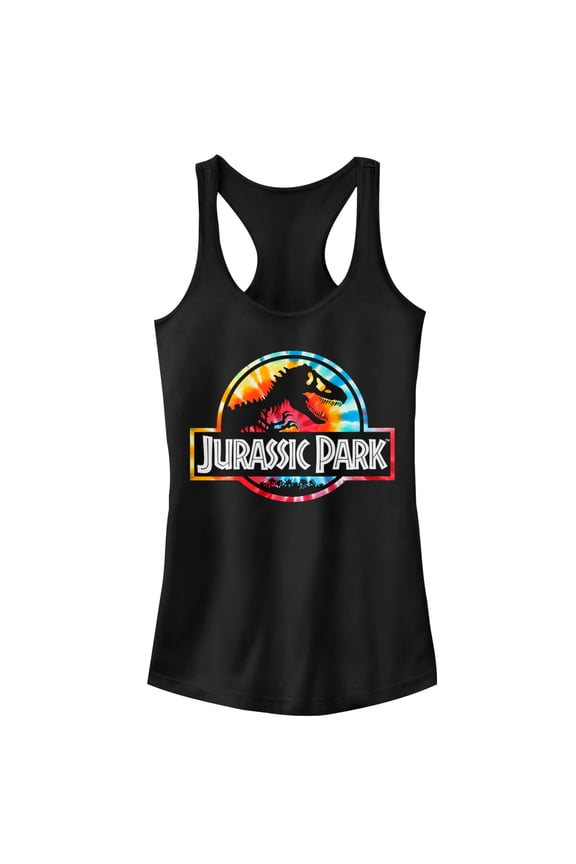 Junior's Jurassic Park Groovy Tie-Dye Logo Racerback Tank Top Black X Large