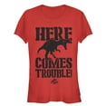 thumbnail image 1 of Junior's Jurassic Park Here Comes Trouble  Graphic Tee Red Small, 1 of 2
