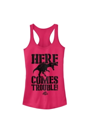 Junior's Jurassic Park Here Comes Trouble  Racerback Tank Top Dark Pink Medium