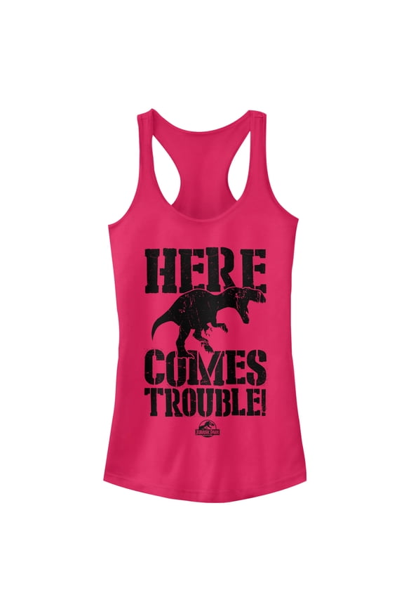 Junior's Jurassic Park Here Comes Trouble Racerback Tank Top Dark Pink Medium