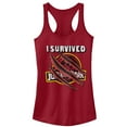 thumbnail image 1 of Junior's Jurassic Park I Survived The Island, Raptor Claw Tear Racerback Tank Top Scarlet Small, 1 of 3