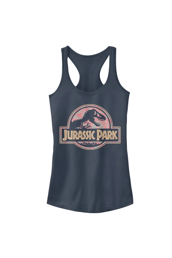Junior's Jurassic Park Logo Henna Print Racerback Tank Top Indigo Small