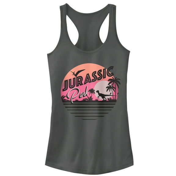 Junior's Jurassic Park Retro Postcard Racerback Tank Top Charcoal Medium