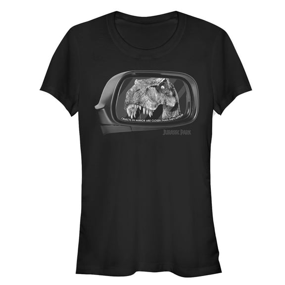 Junior's Jurassic Park T. Rex In Rearview Mirror, Objects Are Closer  Graphic Tee Black Medium