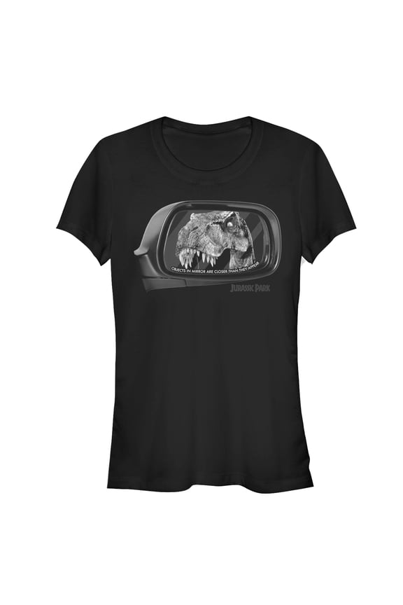 Junior's Jurassic Park T. Rex In Rearview Mirror, Objects Are Closer  Graphic Tee Black Small