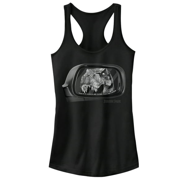 Junior's Jurassic Park T. Rex In Rearview Mirror, Objects Are Closer  Racerback Tank Top Black Medium