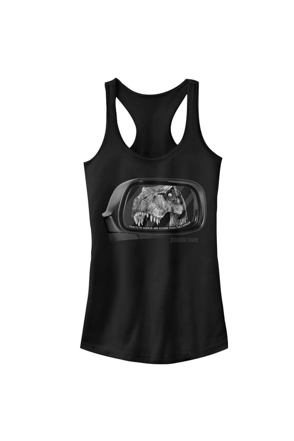 Junior's Jurassic Park T. Rex In Rearview Mirror, Objects Are Closer Racerback Tank Top Black X Large