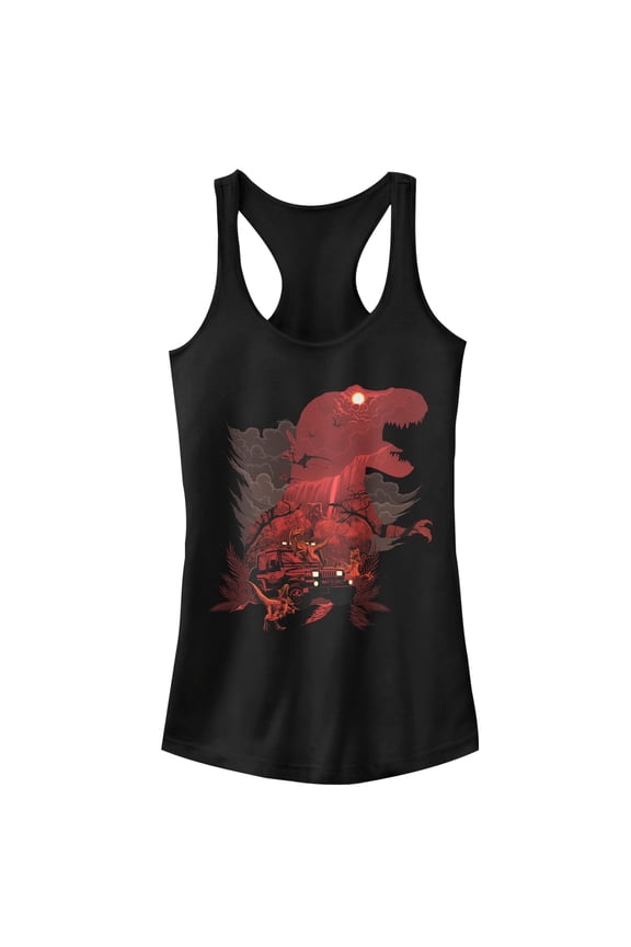 Junior's Jurassic Park T.Rex, Velociraptor Invite You To Visit Beautiful Landscape Racerback Tank Top Black Small