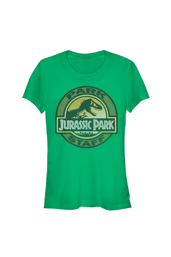 Junior's Jurassic Park The Park Staff Badge, With T-Rex  Graphic Tee Kelly Green Large