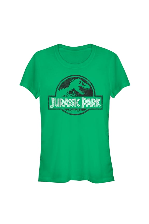 Junior's Jurassic Park Vintage Black and White Logo  Graphic Tee Kelly Green Small