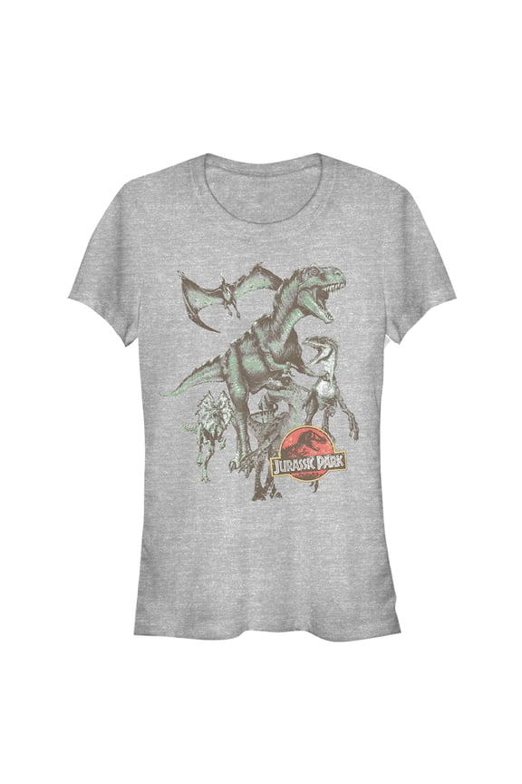 Junior's Jurassic Park Vintage Dinosaur Stampede  Graphic Tee Athletic Heather Large