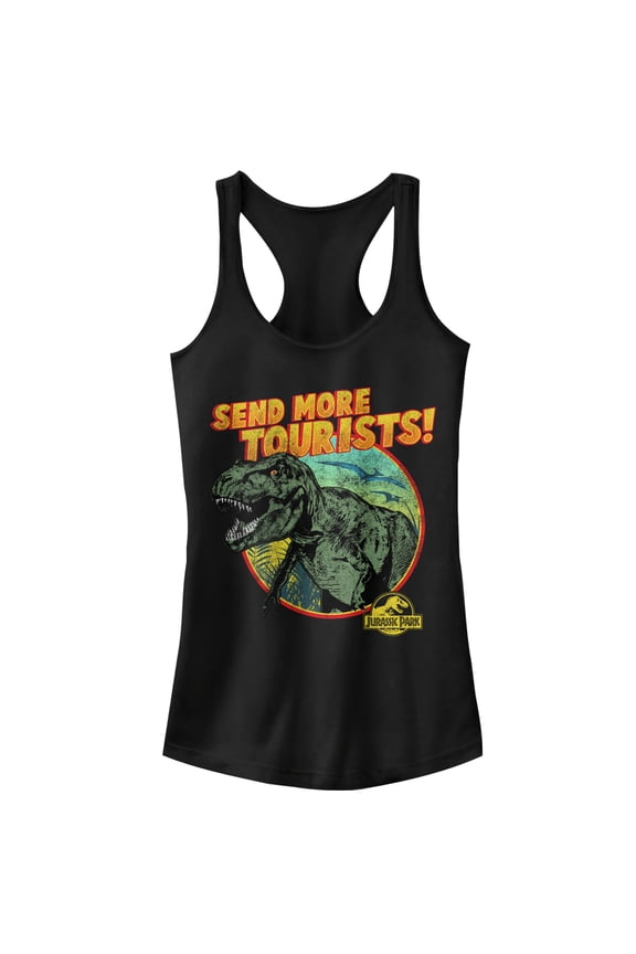 Junior's Jurassic Park Vintage Send More Tourists Racerback Tank Top Black X Large