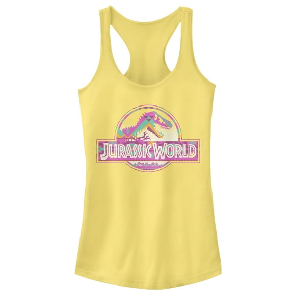 Junior's Jurassic World Desert Pattern Logo Racerback Tank Top Banana Small