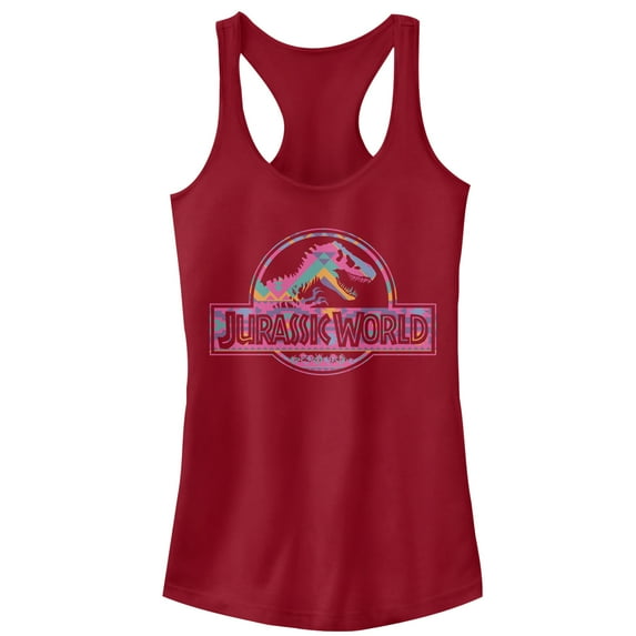 Junior's Jurassic World Desert Pattern Logo Racerback Tank Top Scarlet Medium