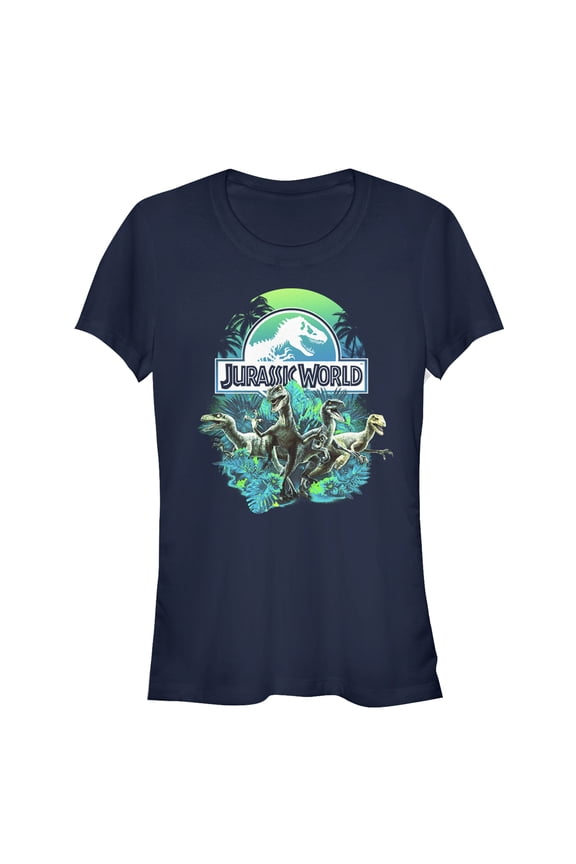 Junior's Jurassic World Dinosaur Nature Scene Graphic Tee Navy Blue Small