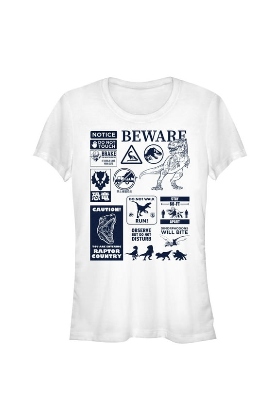 Junior's Jurassic World: Dominion Beware Dinosaur Message Collage  Graphic Tee White Medium