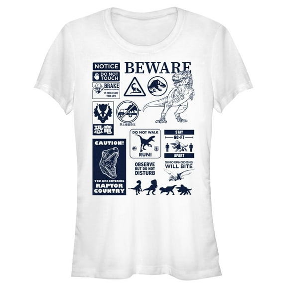 Junior's Jurassic World: Dominion Beware Dinosaur Message Collage  Graphic Tee White Small