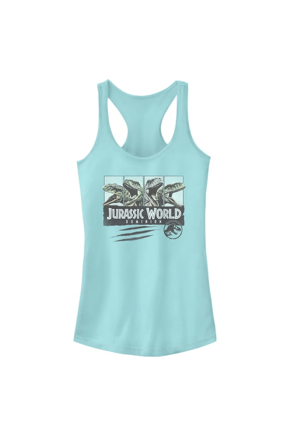 Junior's Jurassic World: Dominion Velociraptor Vintage Panel Scratch Racerback Tank Top Cancun X Small