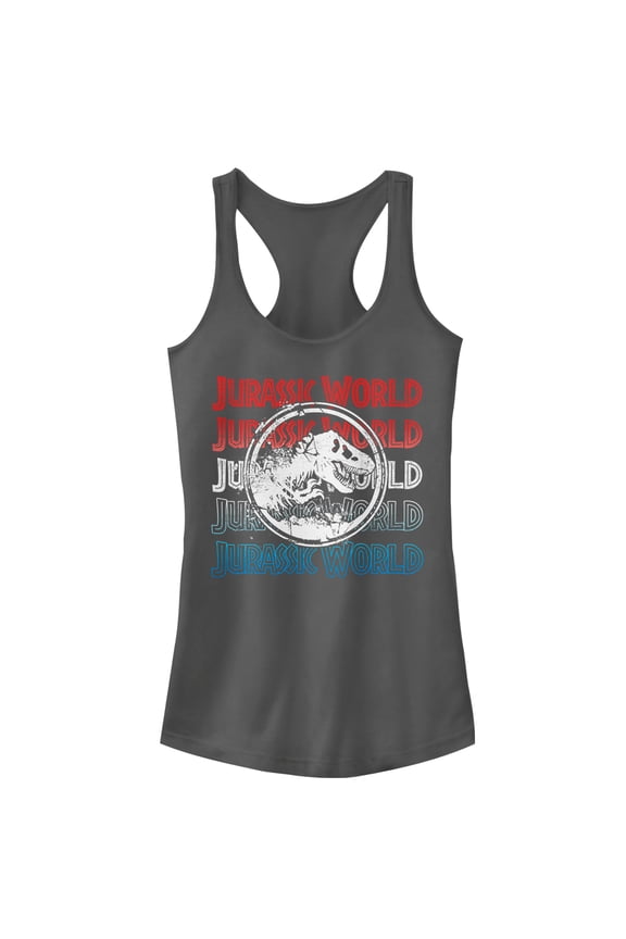 Junior's Jurassic World: Fallen Kingdom 4th of July Logo Racerback Tank Top Charcoal Medium