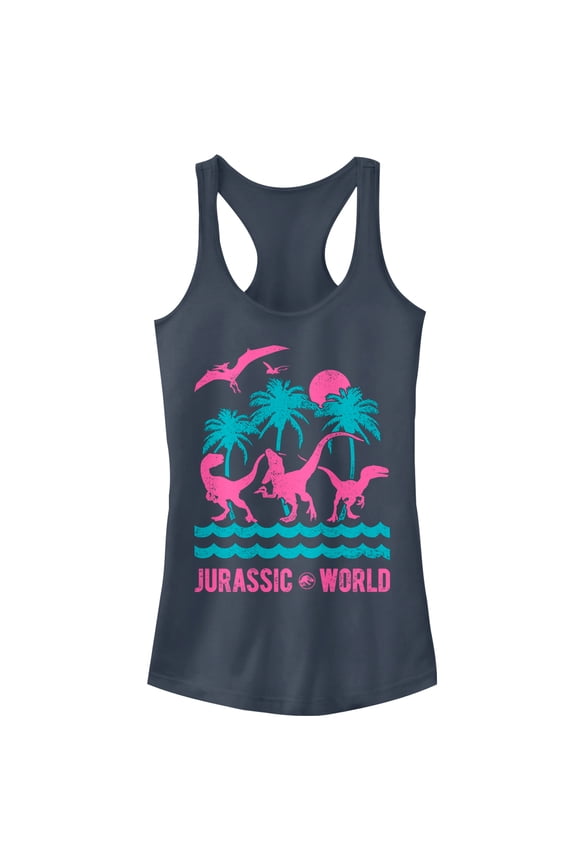 Junior's Jurassic World: Fallen Kingdom Tropical Dinosaurs Racerback Tank Top Indigo Medium
