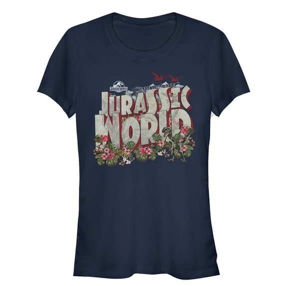 Junior's Jurassic World Greetings From Paradise Graphic Tee Navy Blue Medium