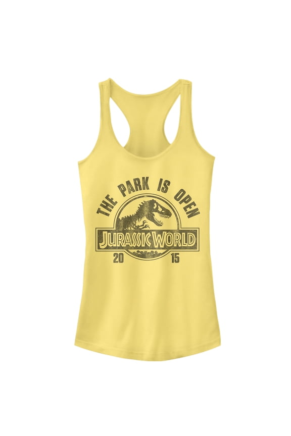Junior's Jurassic World Park Open Logo  Racerback Tank Top Banana Large