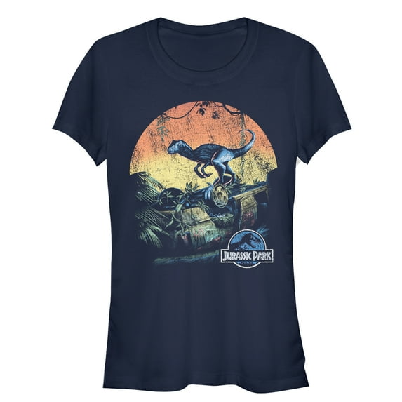 Junior's Jurassic World Retro Raptor Sunset Graphic Tee Navy Blue Medium