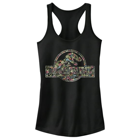 Junior's Jurassic World Tropical Flower Logo Racerback Tank Top Black 2X Large