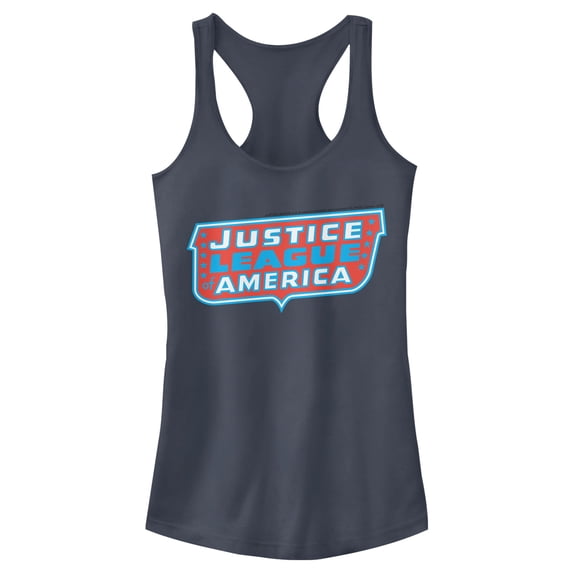 Junior's Justice League Patriotic Frame Logo Racerback Tank Top Indigo 2X Large