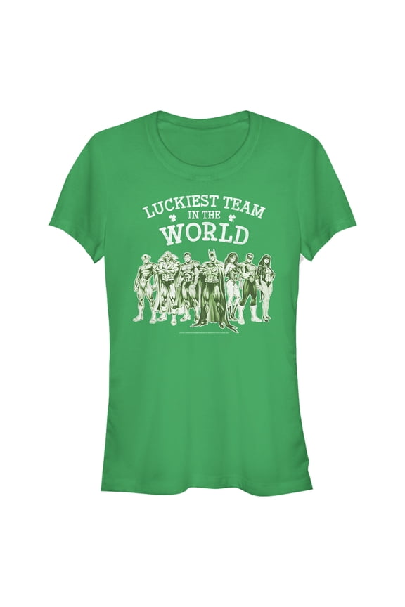 Junior's Justice League St. Patrick's Day Luckiest Team in the World Graphic Tee Kelly Green Medium