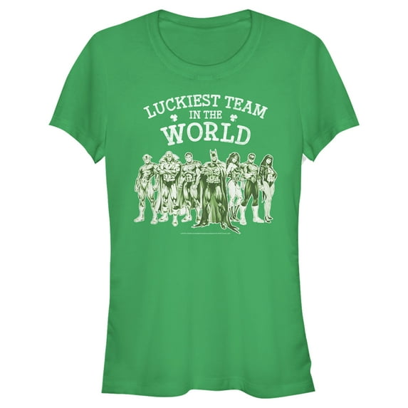 Junior's Justice League St. Patrick's Day Luckiest Team in the World Graphic Tee Kelly Green Small