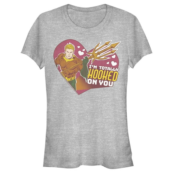 Junior's Justice League Valentine's Day Aquaman I'm Totally Hooked on You Graphic Tee Athletic Heather X Large