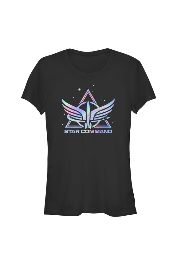 Junior's Lightyear Holographic Star Command Logo  Graphic Tee Black Large