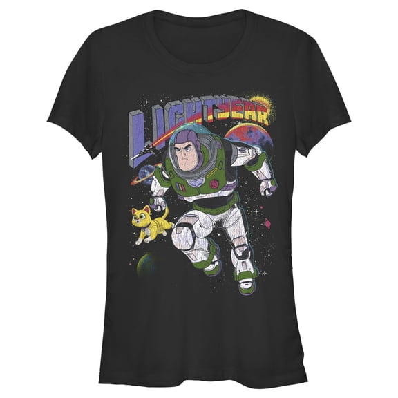 Junior's Lightyear Retro Distressed Buzz and Sox Graphic Tee Black Medium