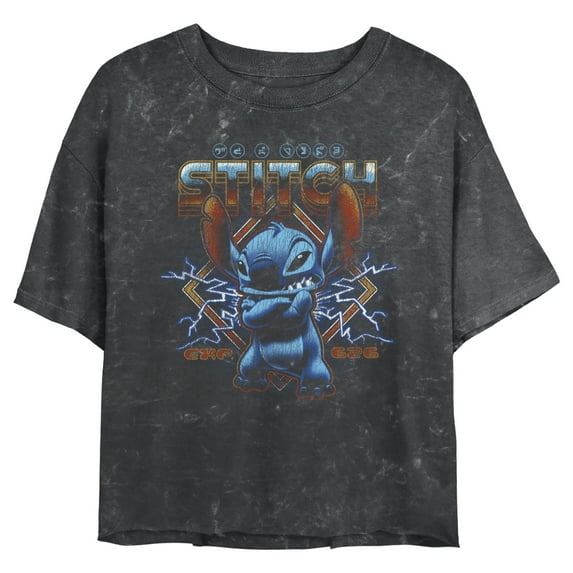 Junior's Lilo & Stitch 80s Rocker Stitch Graphic Crop T-Shirt Black Large