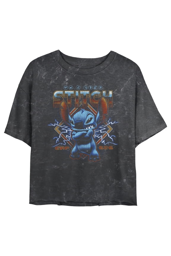 Junior's Lilo & Stitch 80s Rocker Stitch Graphic Crop T-Shirt Black Medium