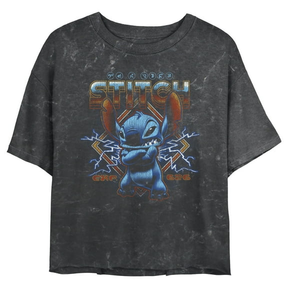 Junior's Lilo & Stitch 80s Rocker Stitch Graphic Crop T-Shirt Black X Large