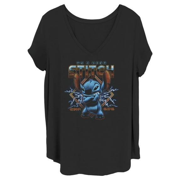 Junior's Lilo & Stitch 80s Rocker Stitch Graphic Tee Black 1X