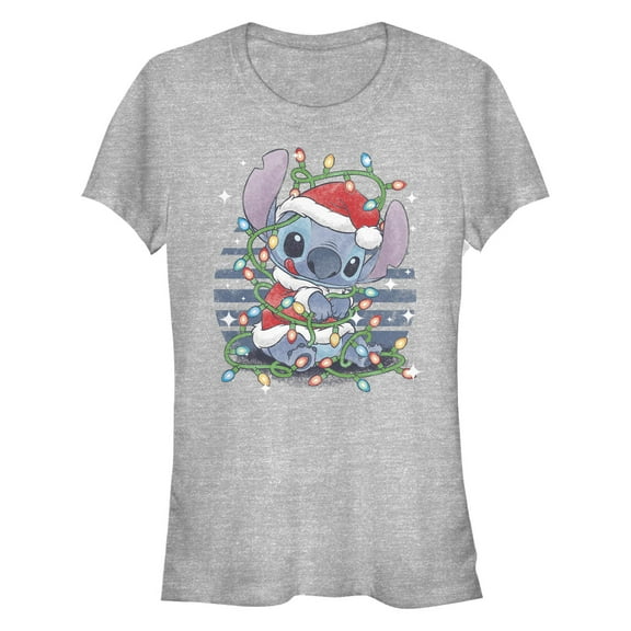 Junior's Lilo & Stitch Alien Christmas Lights Graphic T-Shirt